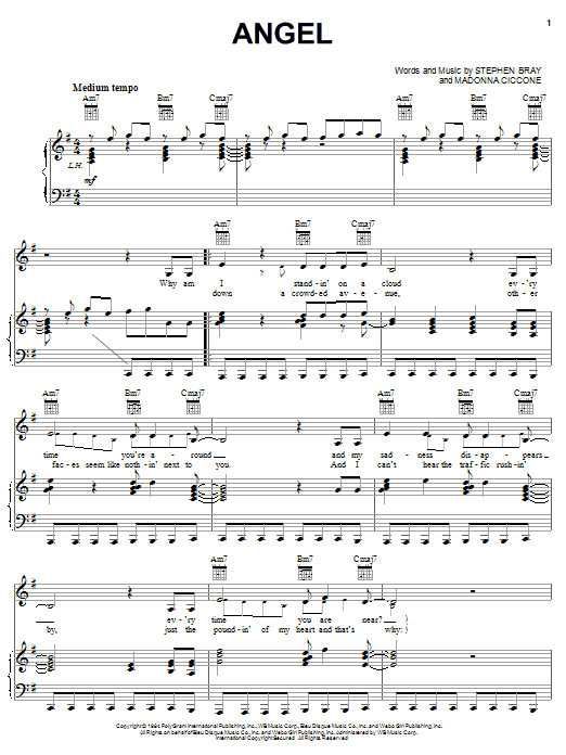 Madonna Angel sheet music notes and chords arranged for Piano, Vocal & Guitar Chords (Right-Hand Melody)