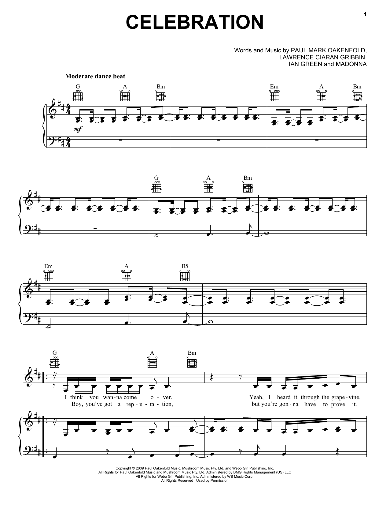 Madonna Celebration sheet music notes and chords arranged for Piano, Vocal & Guitar Chords (Right-Hand Melody)