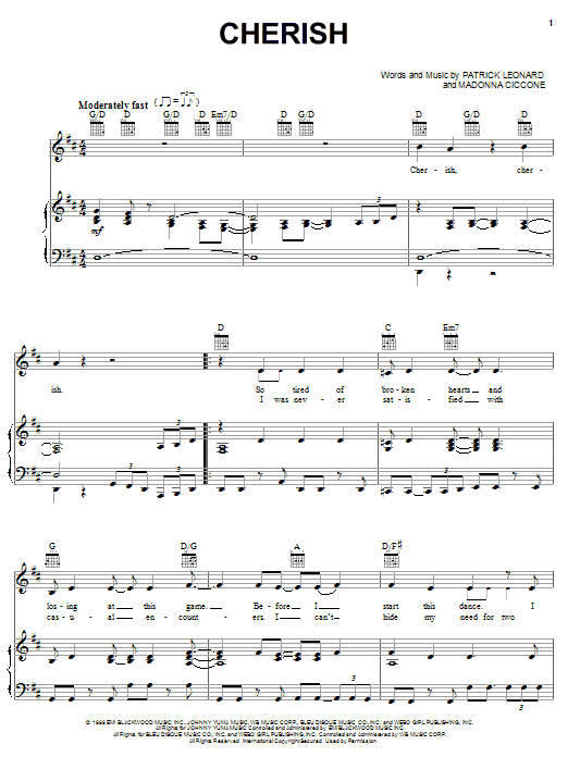 Madonna Cherish sheet music notes and chords arranged for Piano, Vocal & Guitar Chords (Right-Hand Melody)