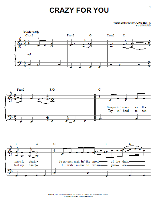 Madonna Crazy For You sheet music notes and chords arranged for Piano, Vocal & Guitar Chords (Right-Hand Melody)