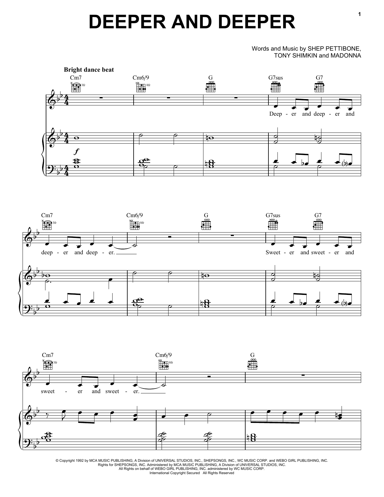 Madonna Deeper And Deeper sheet music notes and chords arranged for Piano, Vocal & Guitar Chords (Right-Hand Melody)