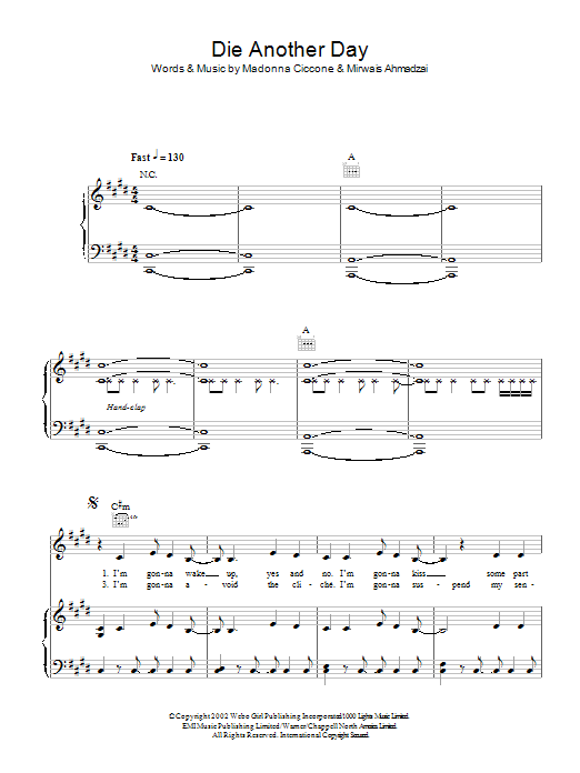 Madonna Die Another Day sheet music notes and chords arranged for Piano, Vocal & Guitar Chords