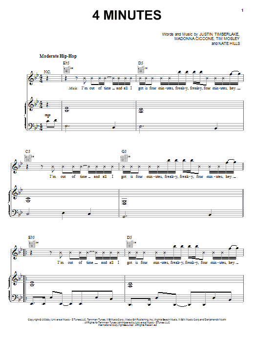 Madonna featuring Justin Timberlake 4 Minutes sheet music notes and chords arranged for Piano, Vocal & Guitar Chords (Right-Hand Melody)