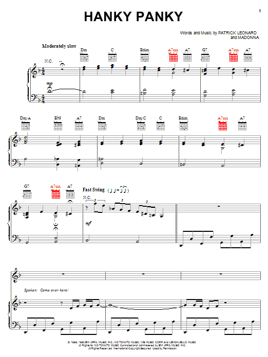 Madonna Hanky Panky sheet music notes and chords arranged for Piano, Vocal & Guitar Chords (Right-Hand Melody)