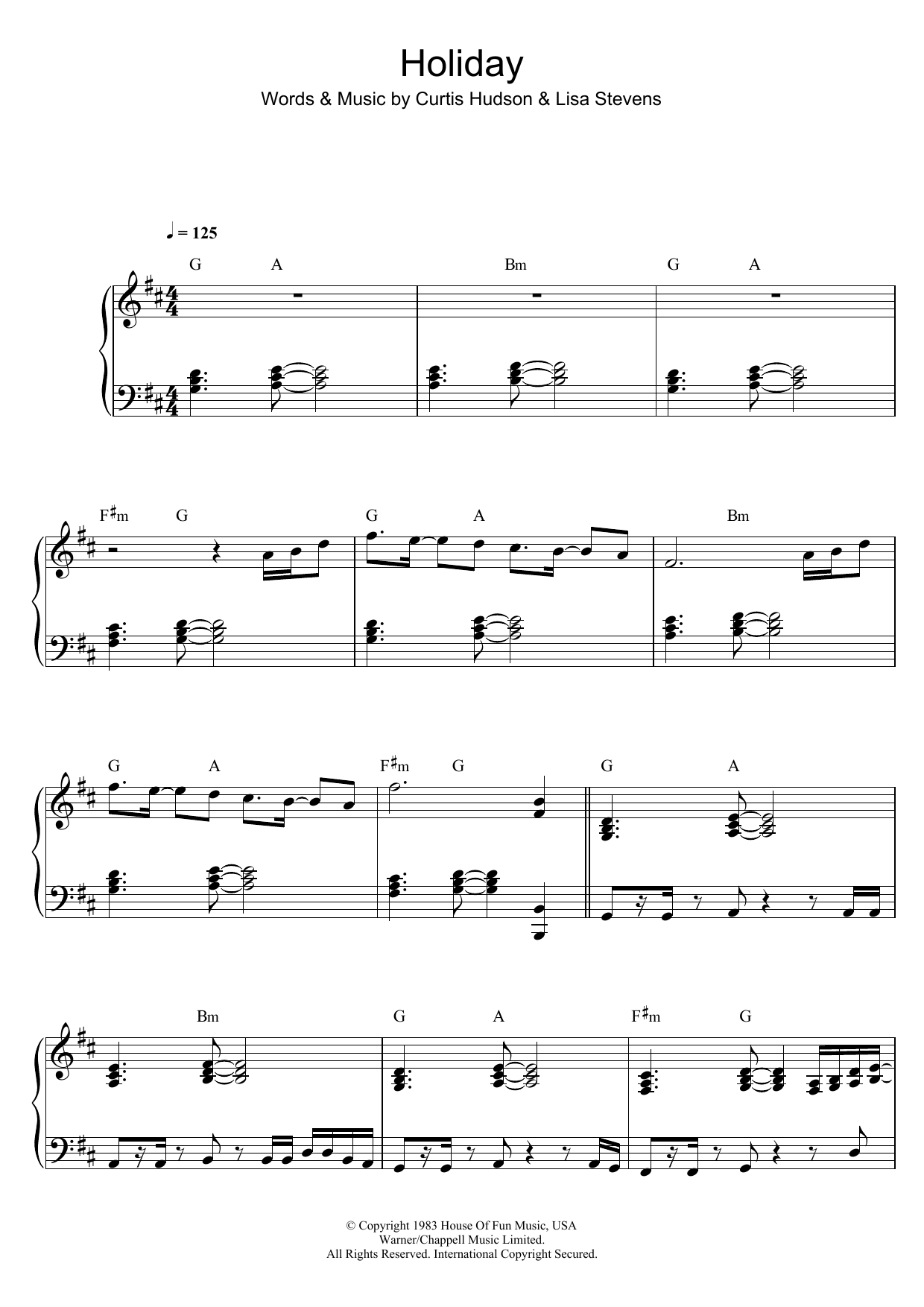 Madonna Holiday sheet music notes and chords arranged for Piano, Vocal & Guitar Chords