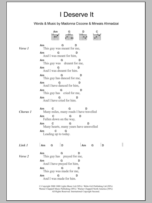 Madonna I Deserve It sheet music notes and chords arranged for Guitar Chords/Lyrics