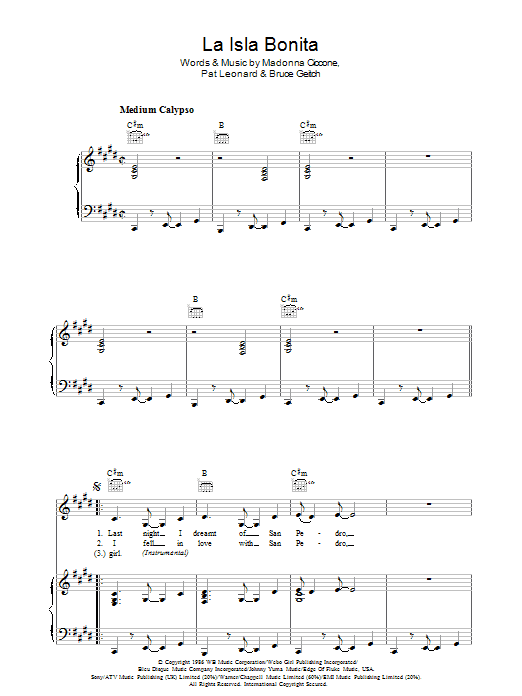 Madonna La Isla Bonita sheet music notes and chords arranged for Piano, Vocal & Guitar Chords