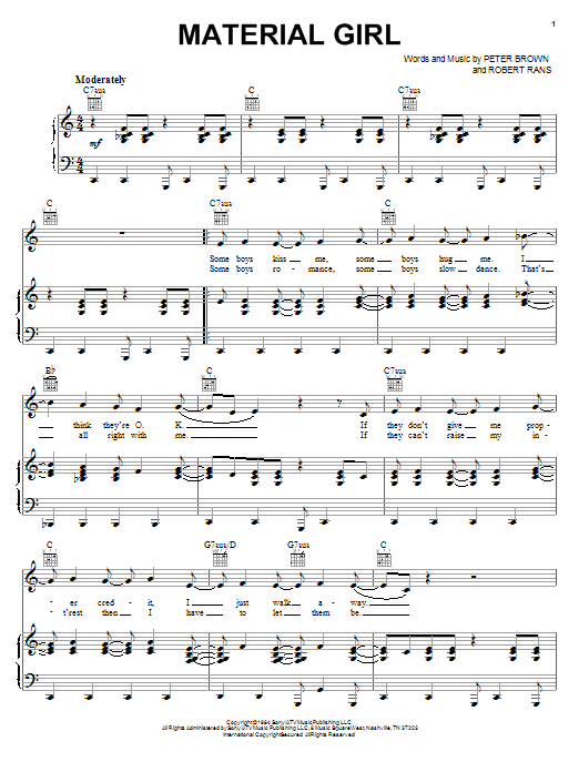 Madonna Material Girl sheet music notes and chords arranged for Piano, Vocal & Guitar Chords (Right-Hand Melody)