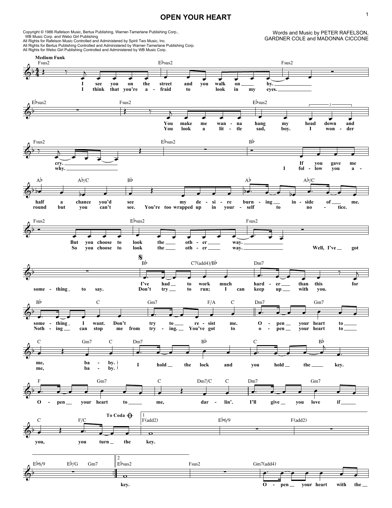 Madonna Open Your Heart sheet music notes and chords arranged for Lead Sheet / Fake Book