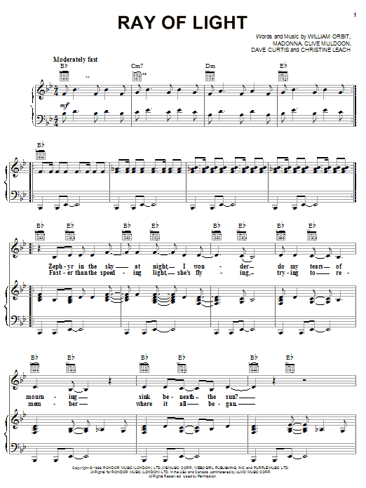 Madonna Ray Of Light sheet music notes and chords arranged for Piano, Vocal & Guitar Chords