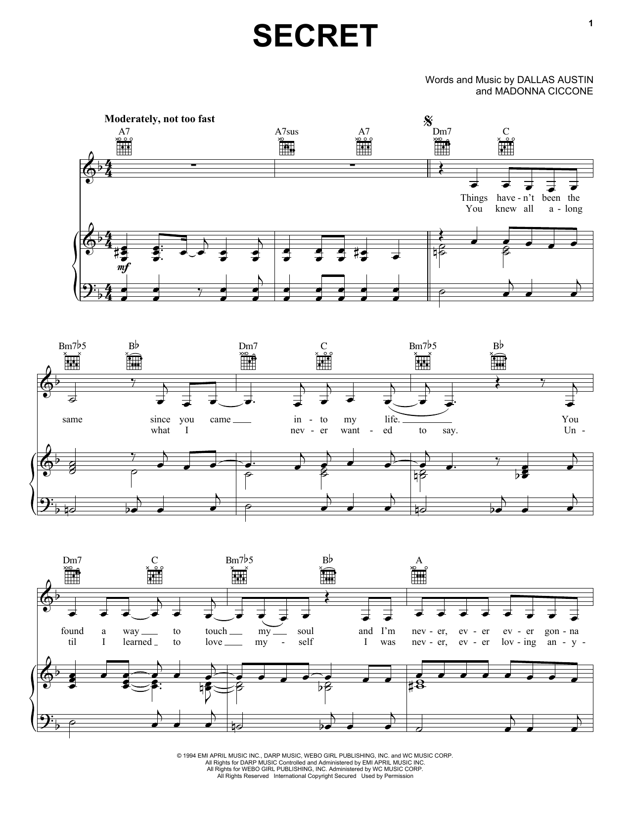 Madonna Secret sheet music notes and chords arranged for Piano, Vocal & Guitar Chords (Right-Hand Melody)