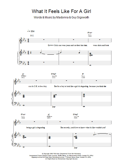 Madonna What It Feels Like For A Girl sheet music notes and chords arranged for Piano Chords/Lyrics