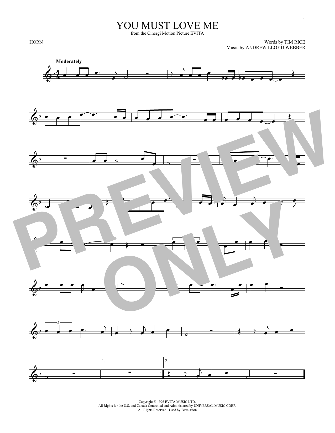 Madonna You Must Love Me (from Evita) sheet music notes and chords arranged for French Horn Solo