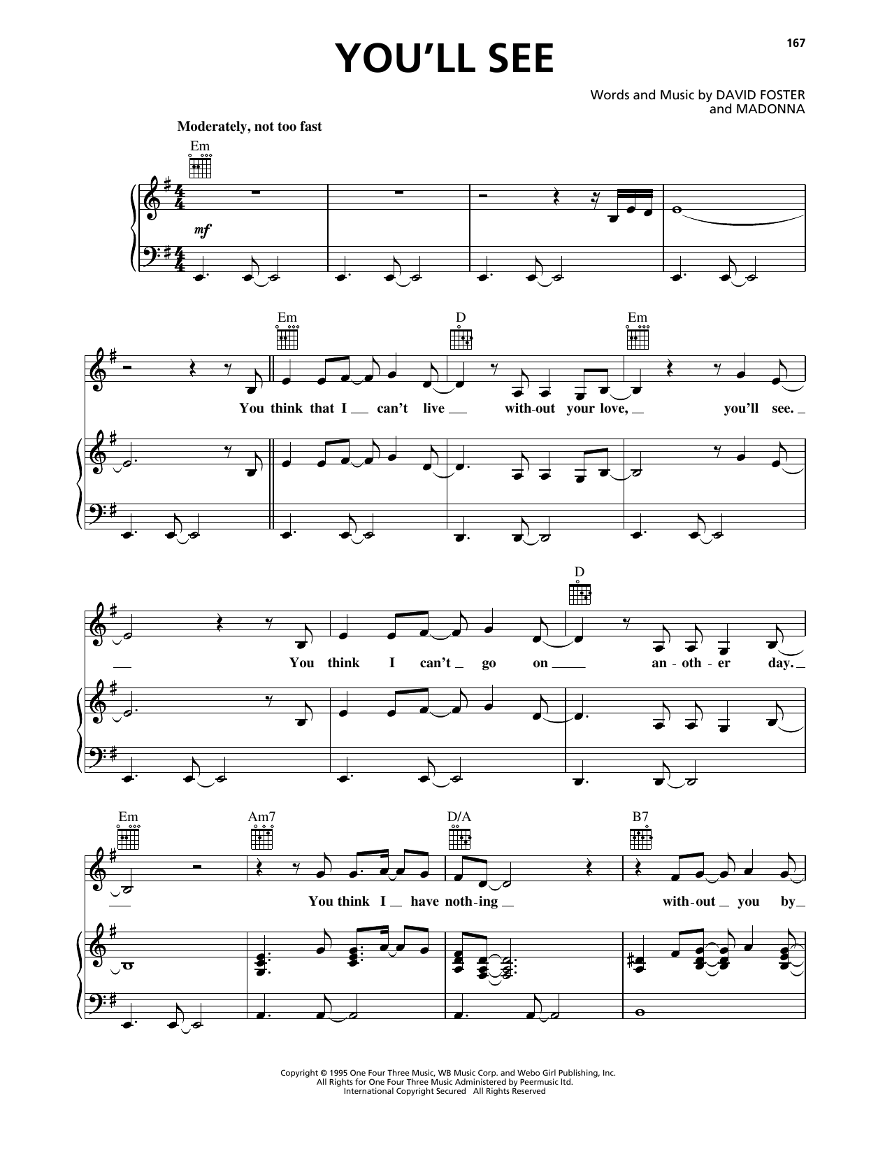 Madonna You'll See sheet music notes and chords arranged for Piano, Vocal & Guitar Chords (Right-Hand Melody)