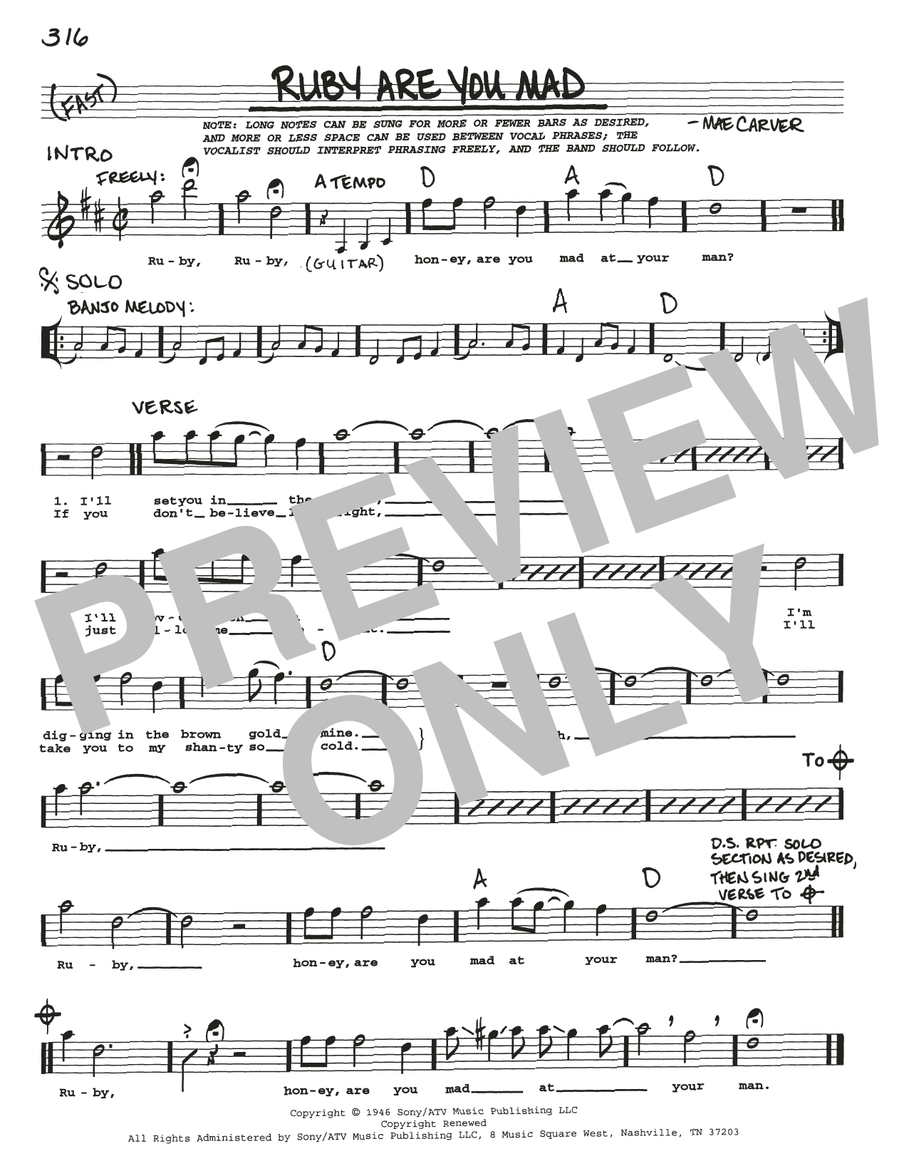 Mae Carver Ruby Are You Mad sheet music notes and chords arranged for Real Book – Melody, Lyrics & Chords