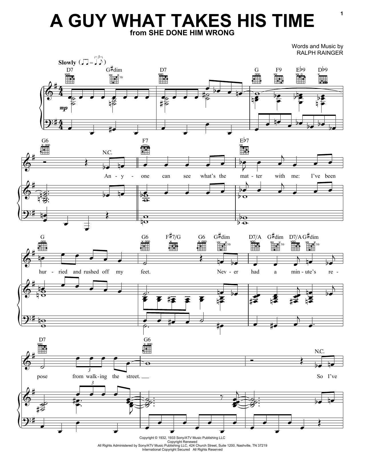Mae West A Guy What Takes His Time (from She Done Him Wrong) sheet music notes and chords arranged for Piano, Vocal & Guitar Chords (Right-Hand Melody)