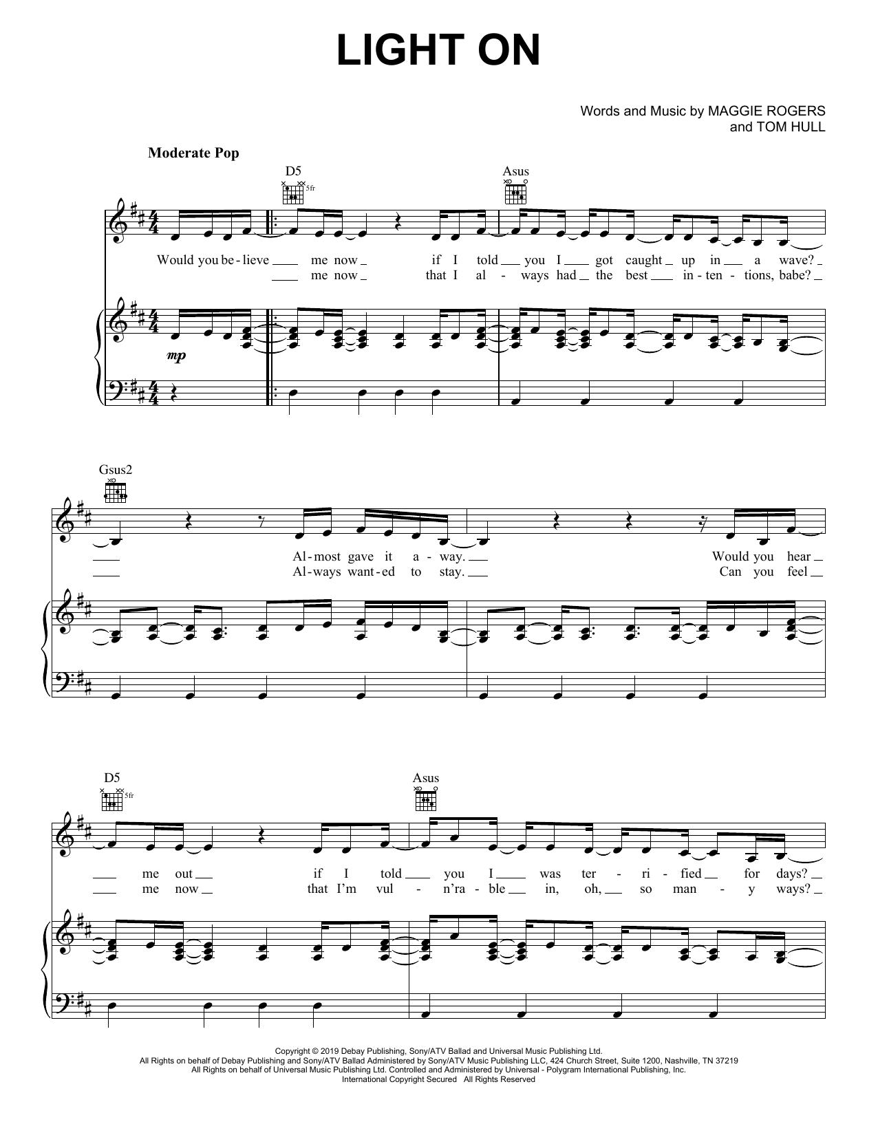 Maggie Rogers Light On sheet music notes and chords arranged for Piano, Vocal & Guitar Chords (Right-Hand Melody)
