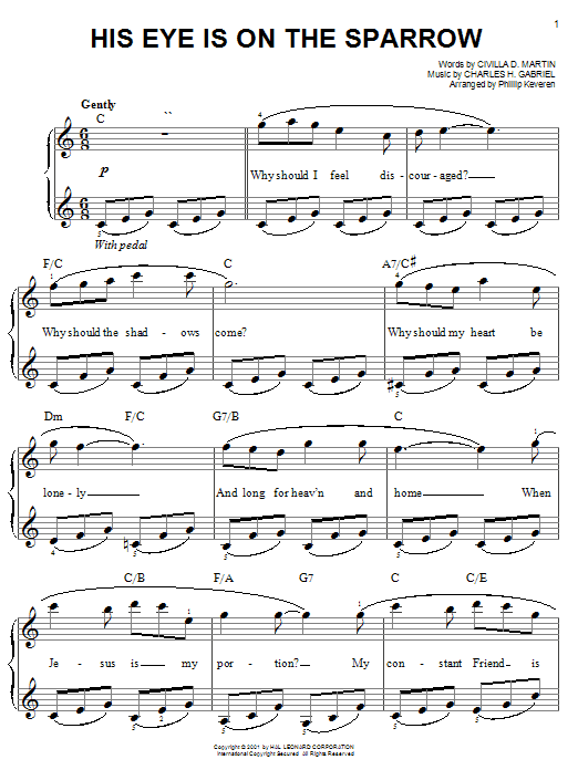 Mahalia Jackson His Eye Is On The Sparrow (arr. Phillip Keveren) sheet music notes and chords arranged for Easy Piano