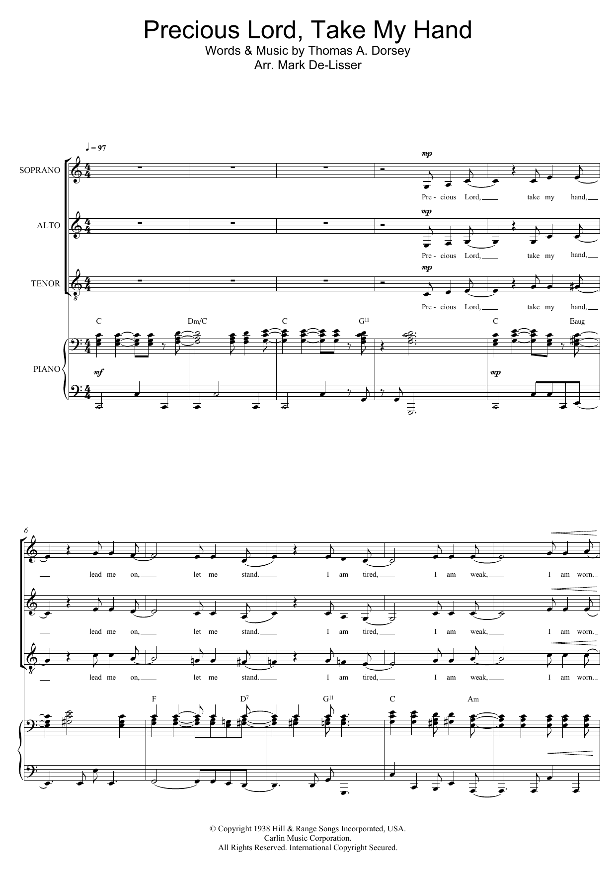 Mahalia Jackson Precious Lord, Take My Hand (Take My Hand, Precious Lord) (arr. Mark De-Lisser) sheet music notes and chords arranged for Piano, Vocal & Guitar Chords