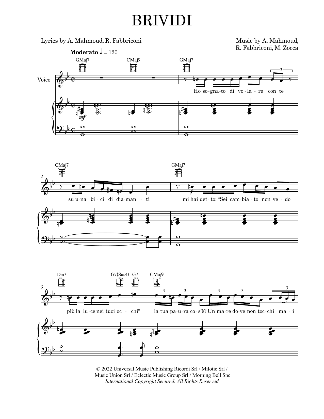 Mahmood & BLANCO Brividi sheet music notes and chords arranged for Piano, Vocal & Guitar Chords (Right-Hand Melody)