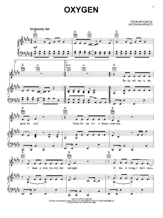 Maia Mitchell Oxygen sheet music notes and chords arranged for Piano, Vocal & Guitar Chords (Right-Hand Melody)