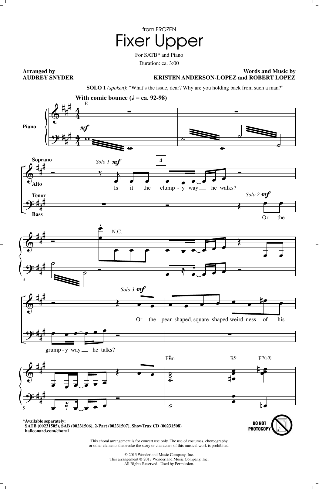 Maia Wilson and Cast Fixer Upper (from Disney's Frozen) (arr. Audrey Snyder) sheet music notes and chords arranged for SAB Choir
