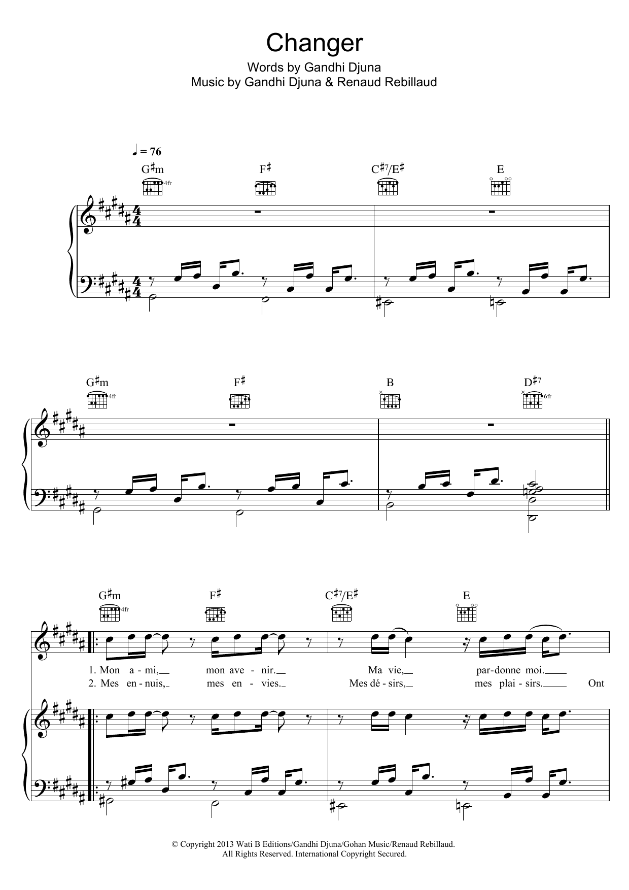Maitre Gims Changer sheet music notes and chords arranged for Piano, Vocal & Guitar Chords