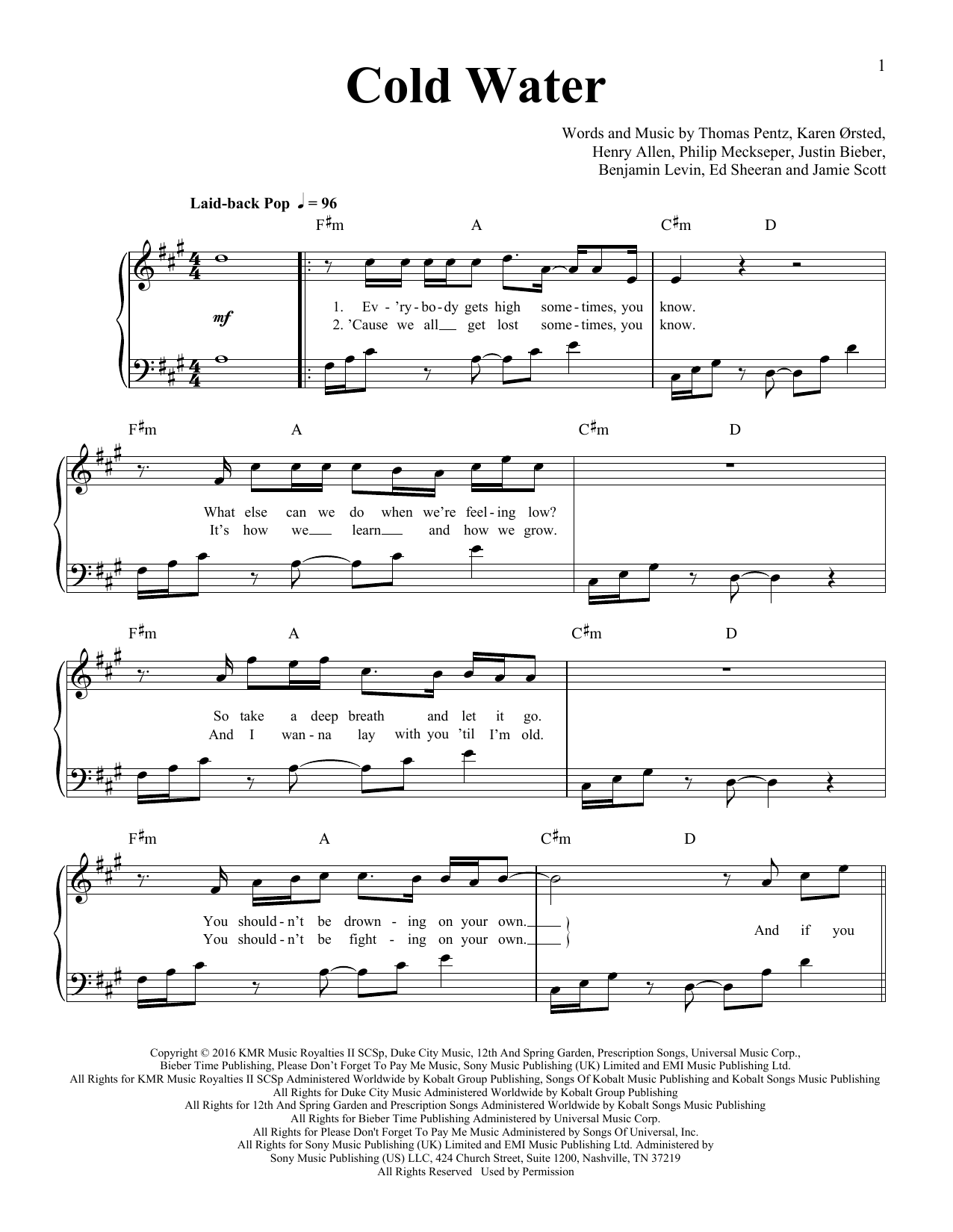 Major Lazer Cold Water (feat. Justin Bieber and MØ) sheet music notes and chords arranged for Easy Piano