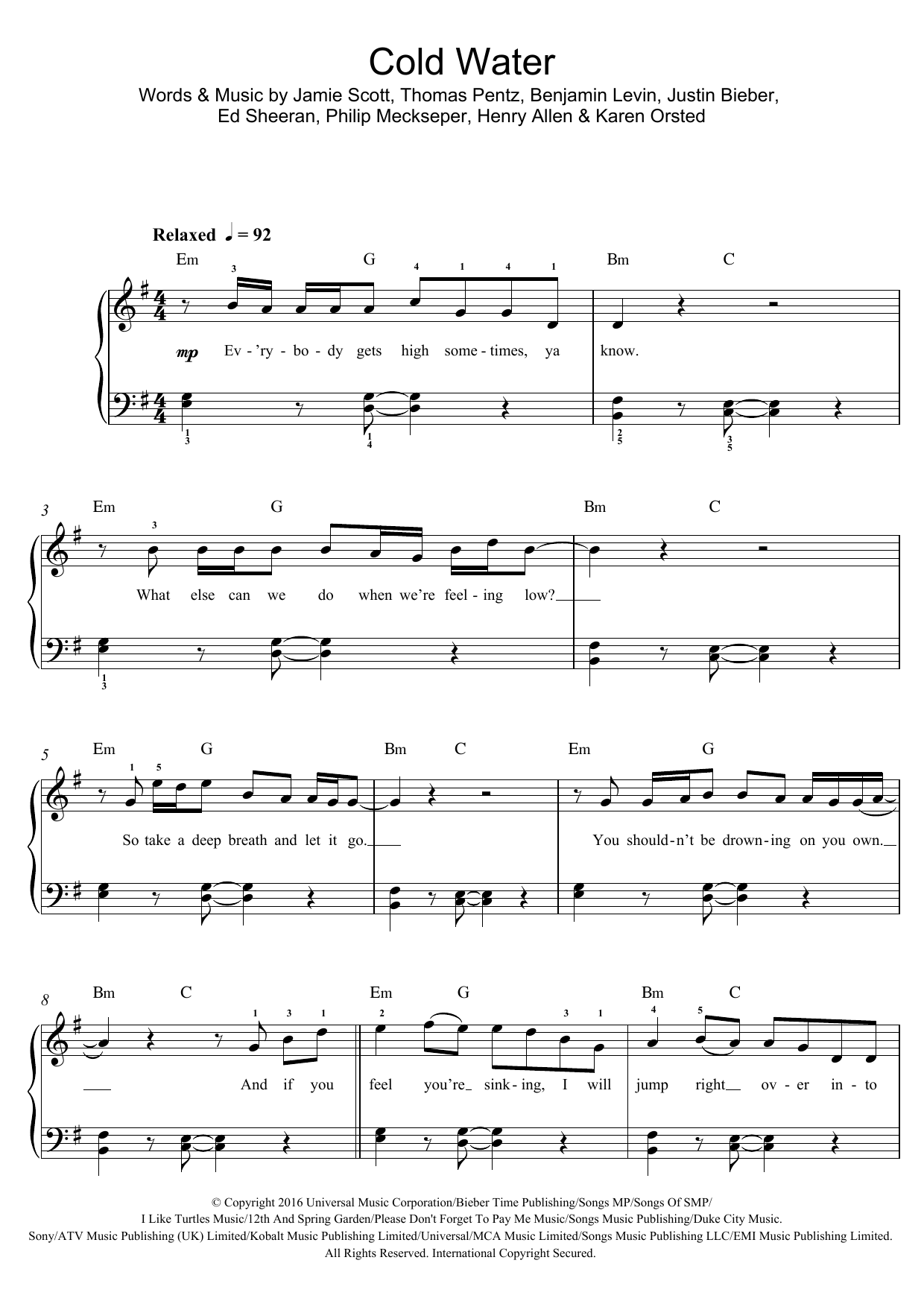 Major Lazer Cold Water (featuring Justin Bieber and MO) sheet music notes and chords arranged for Big Note Piano
