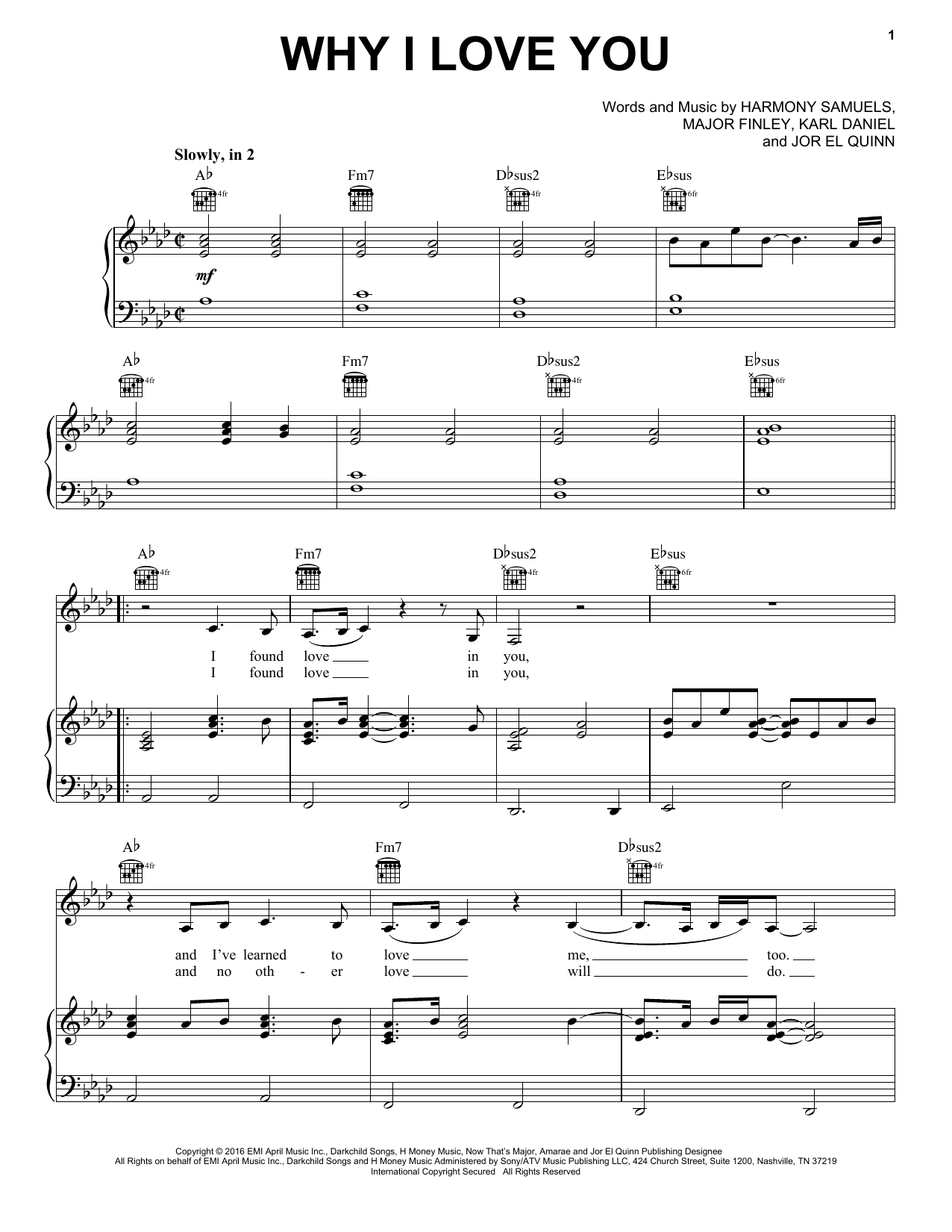 MAJOR. Why I Love You sheet music notes and chords arranged for Piano, Vocal & Guitar Chords (Right-Hand Melody)