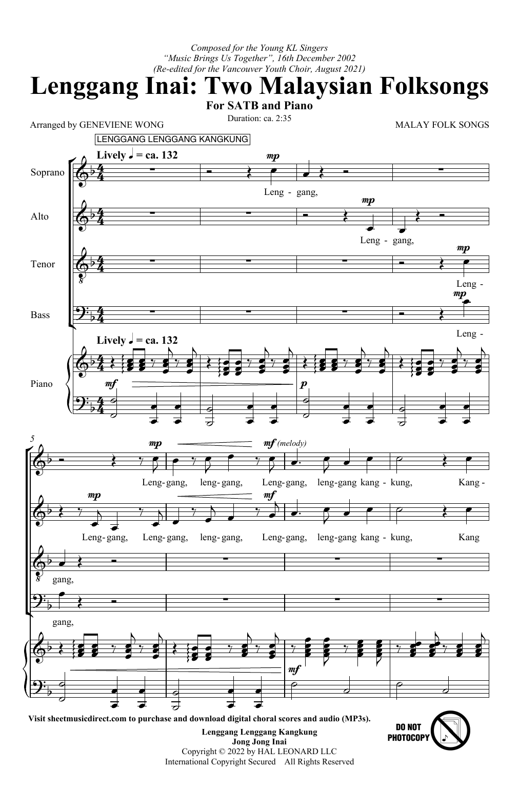 Malay Folk Song Lenggang Lenggang Kangkung (arr. Geneviene Wong) sheet music notes and chords arranged for SATB Choir