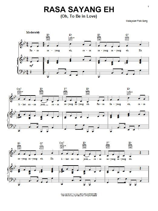 Malaysian Folksong Rasa Sayang Eh (Oh, To Be In Love) sheet music notes and chords arranged for Piano, Vocal & Guitar Chords (Right-Hand Melody)