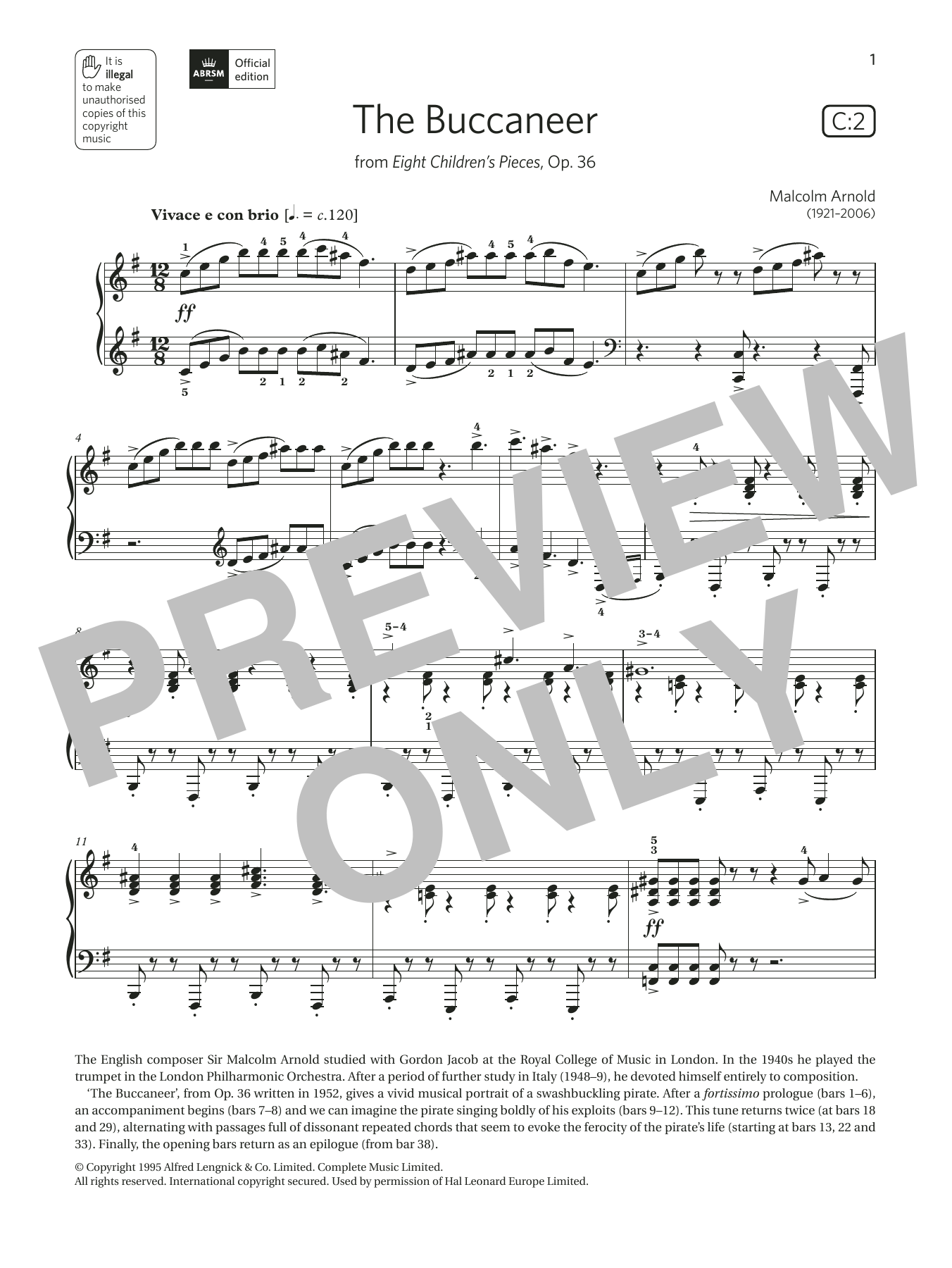 Malcolm Arnold The Buccaneer (Grade 6, list C2, from the ABRSM Piano Syllabus 2021 & 2022) sheet music notes and chords arranged for Piano Solo