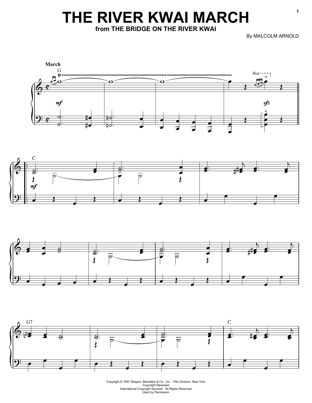 Malcolm Arnold The River Kwai March sheet music notes and chords arranged for Piano Solo