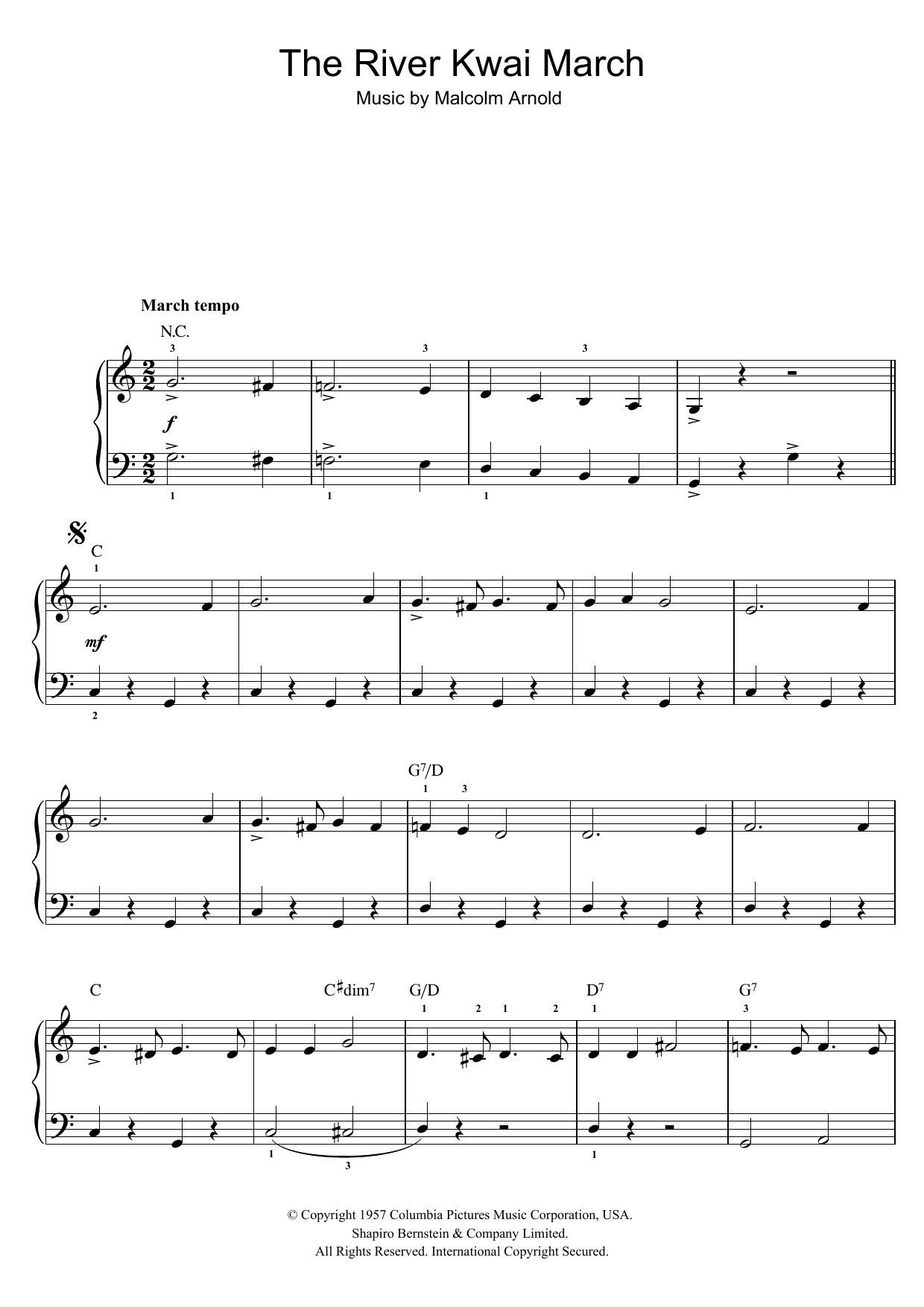 Malcolm Arnold The River Kwai March (from 'The Bridge On The River Kwai') sheet music notes and chords arranged for Piano, Vocal & Guitar Chords