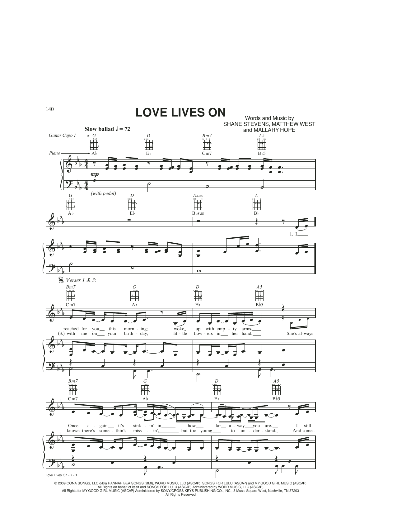 Mallary Hope Love Lives On sheet music notes and chords arranged for Piano, Vocal & Guitar Chords (Right-Hand Melody)
