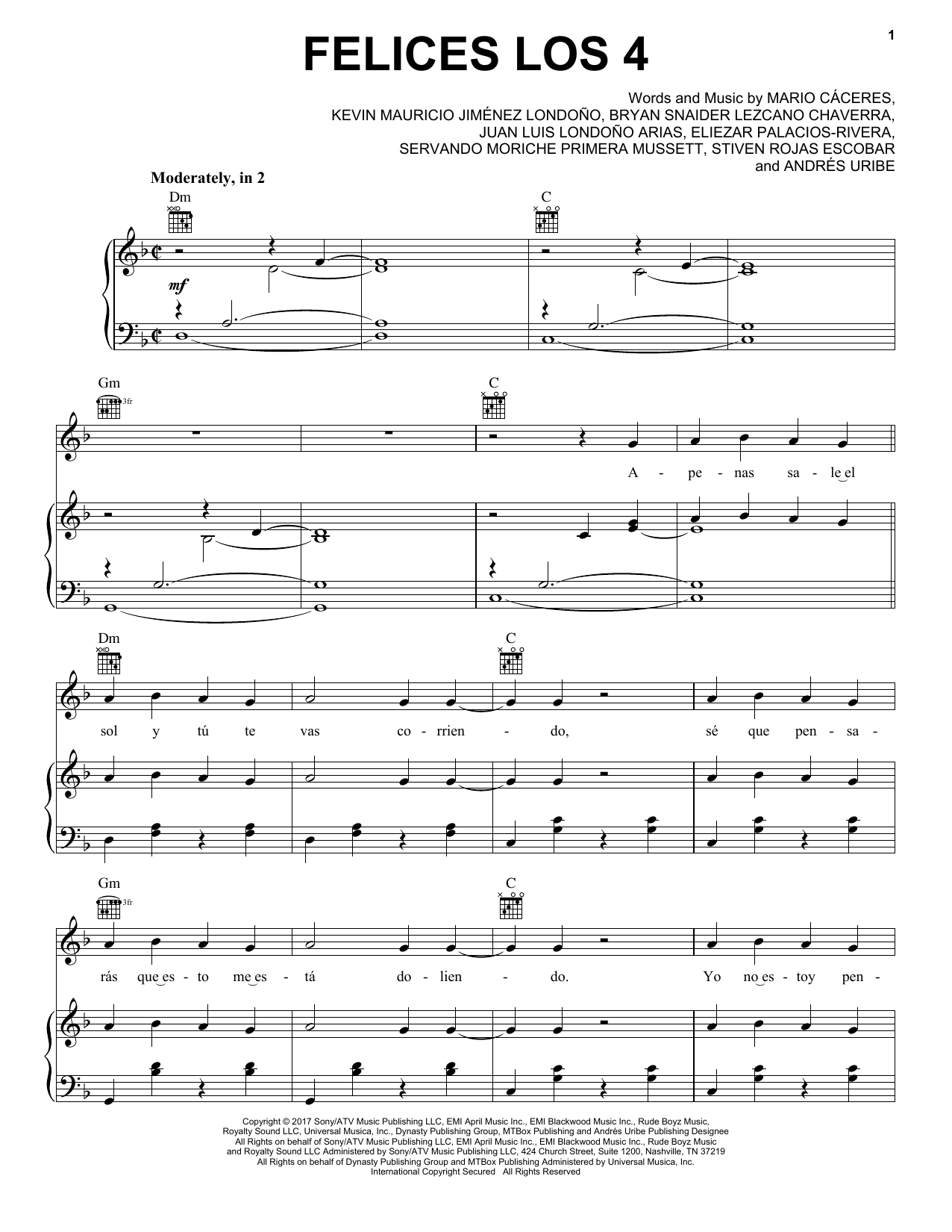 Maluma Felices Los 4 sheet music notes and chords arranged for Piano, Vocal & Guitar Chords (Right-Hand Melody)