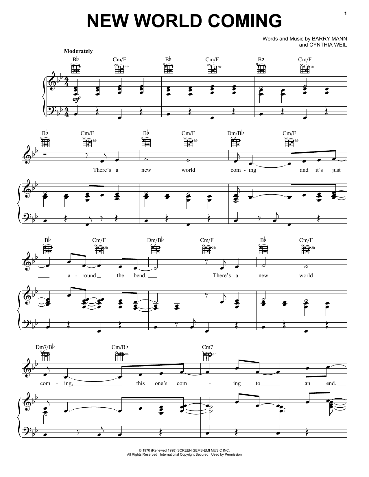 Mama Cass Elliot New World Coming sheet music notes and chords arranged for Piano, Vocal & Guitar Chords (Right-Hand Melody)