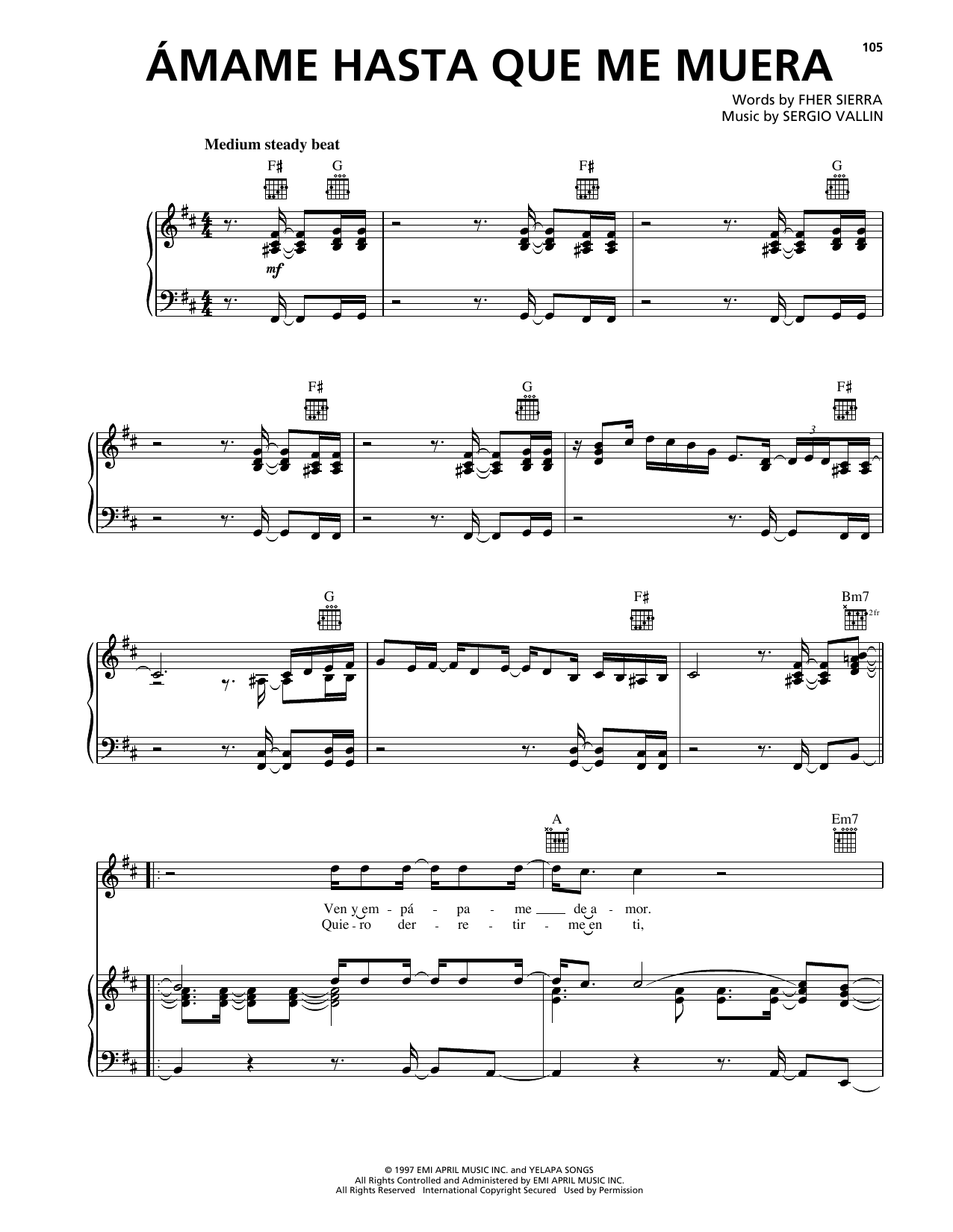 Maná Amame Hasta Que Me Muera sheet music notes and chords arranged for Piano, Vocal & Guitar Chords (Right-Hand Melody)