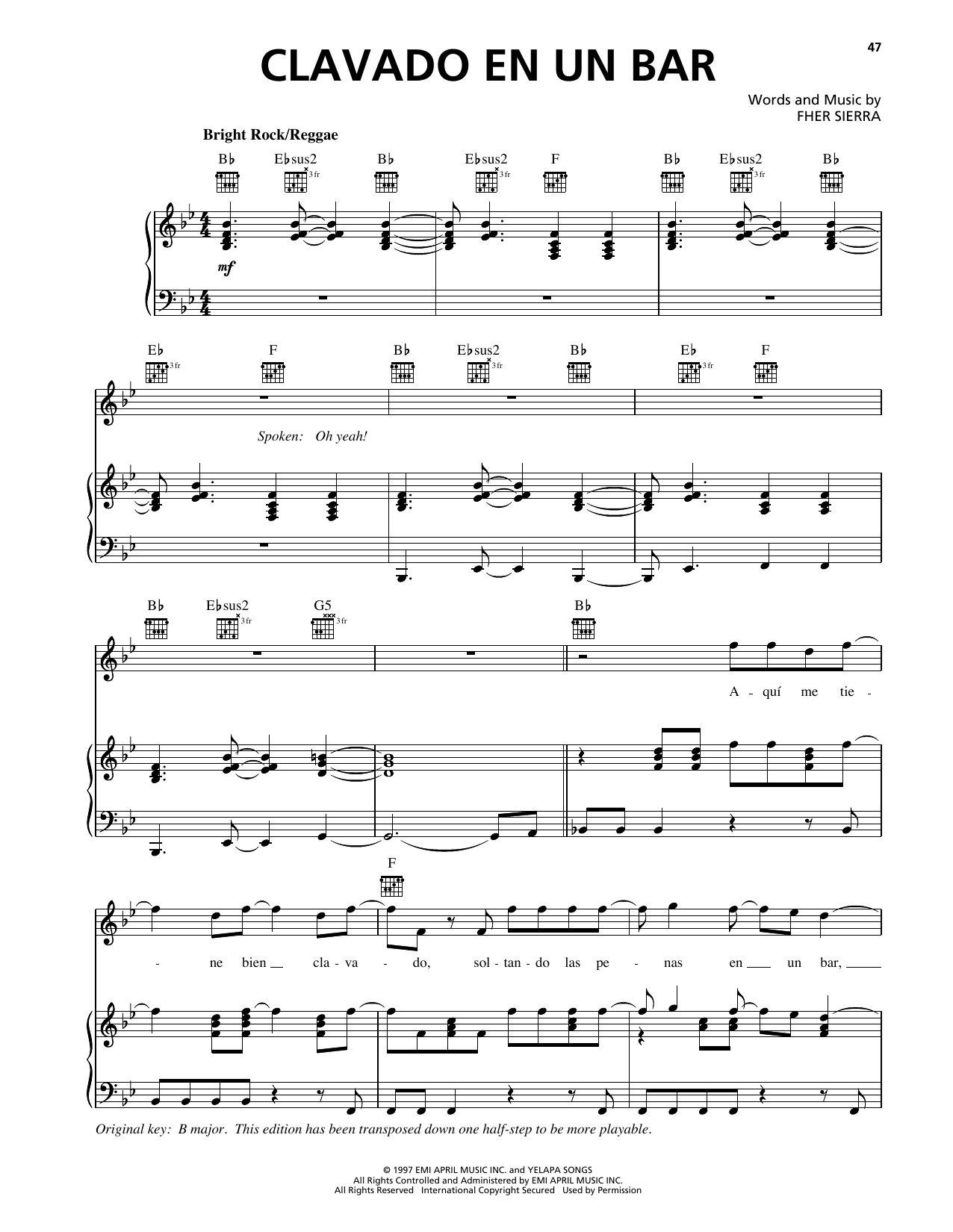 Maná Clavado En Un Bar sheet music notes and chords arranged for Piano, Vocal & Guitar Chords (Right-Hand Melody)
