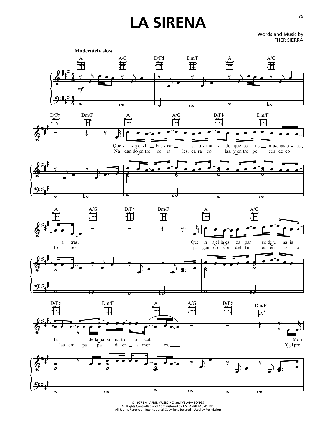 Maná La Sirena sheet music notes and chords arranged for Piano, Vocal & Guitar Chords (Right-Hand Melody)