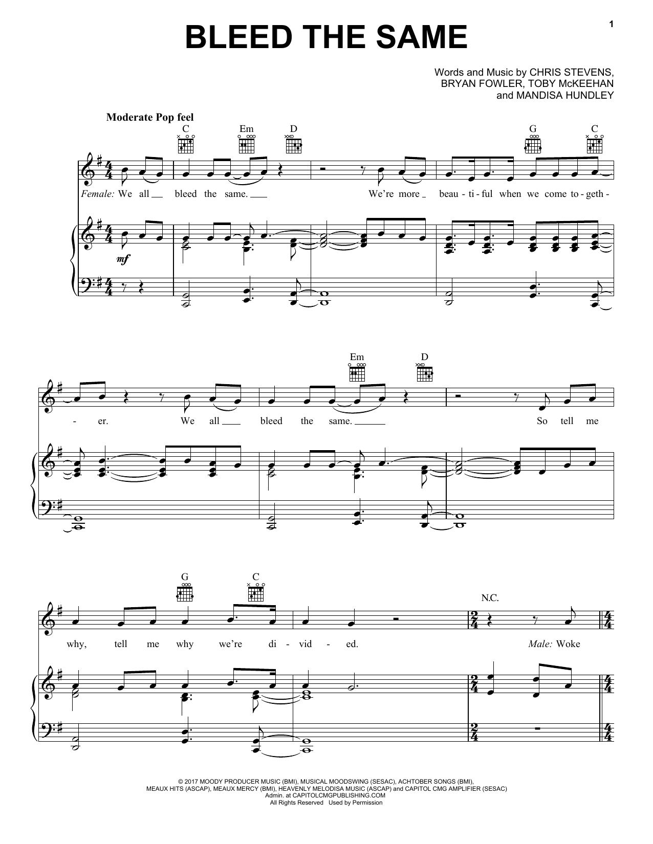 Mandisa Bleed The Same sheet music notes and chords arranged for Piano, Vocal & Guitar Chords (Right-Hand Melody)