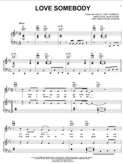 Mandisa Love Somebody sheet music notes and chords arranged for Piano, Vocal & Guitar Chords (Right-Hand Melody)