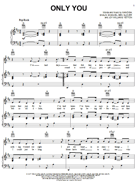 Mandisa Only You sheet music notes and chords arranged for Piano, Vocal & Guitar Chords (Right-Hand Melody)