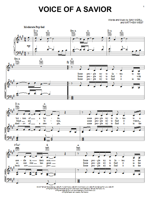 Mandisa Voice Of A Savior sheet music notes and chords arranged for Piano, Vocal & Guitar Chords (Right-Hand Melody)