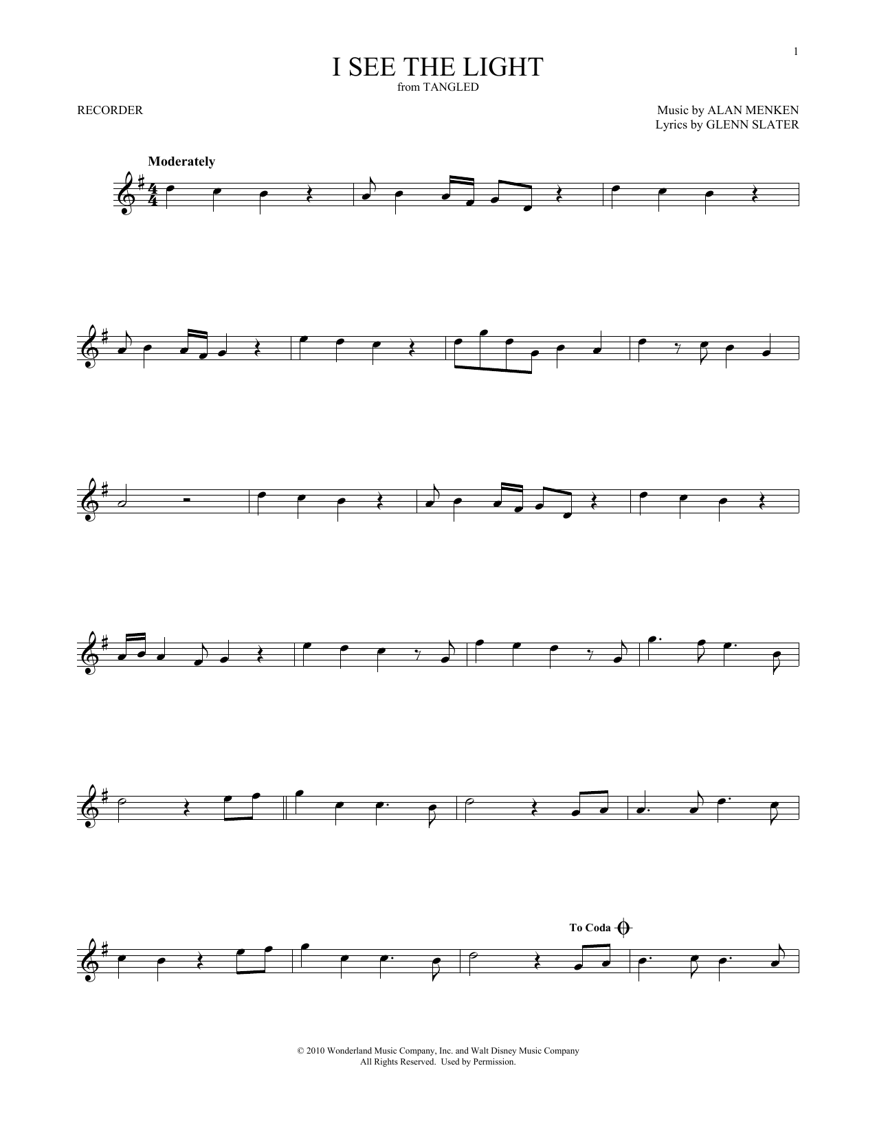 Mandy Moore I See The Light (from Tangled) sheet music notes and chords arranged for Recorder Solo