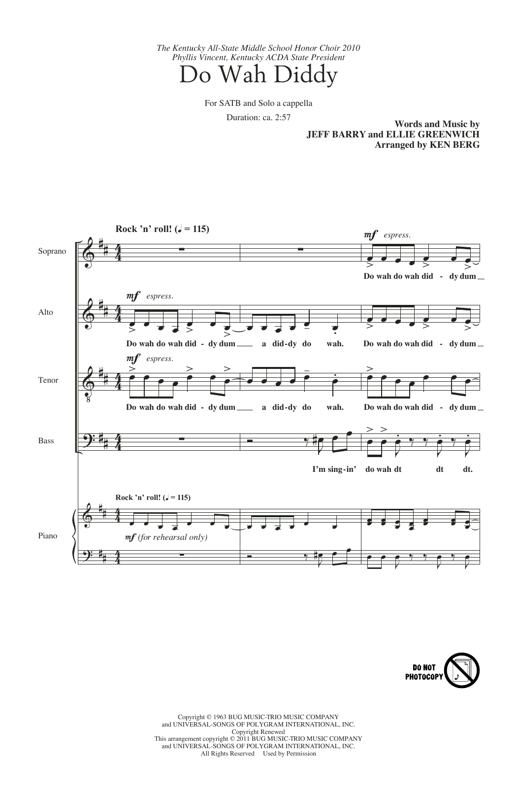 Manfred Mann Do Wah Diddy Diddy (arr. Ken Berg) sheet music notes and chords arranged for Choir