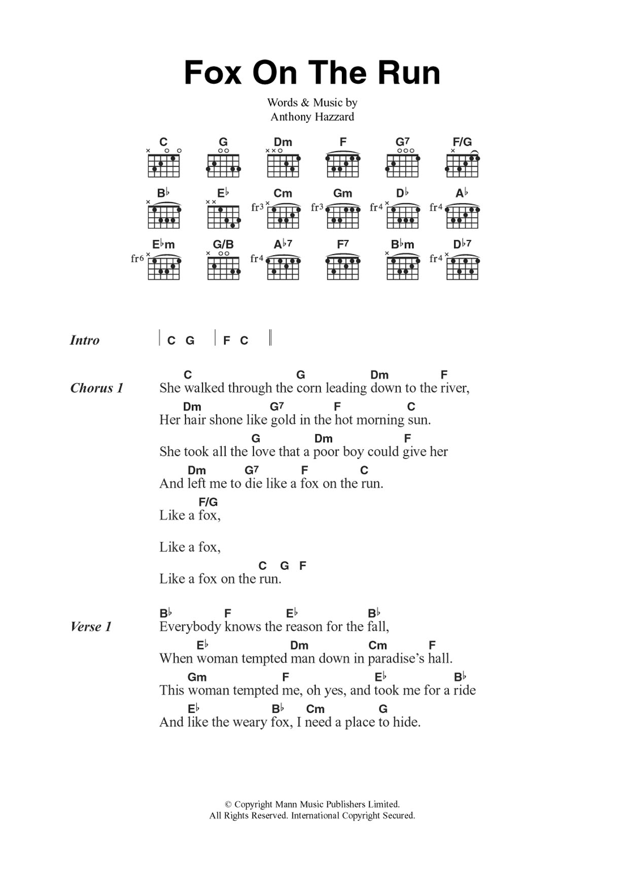 Manfred Mann Fox On The Run sheet music notes and chords arranged for Guitar Chords/Lyrics