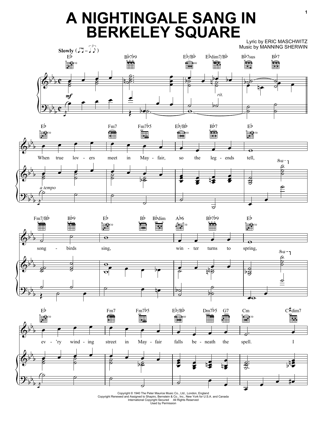 Manhattan Transfer A Nightingale Sang In Berkeley Square sheet music notes and chords arranged for Piano, Vocal & Guitar Chords (Right-Hand Melody)