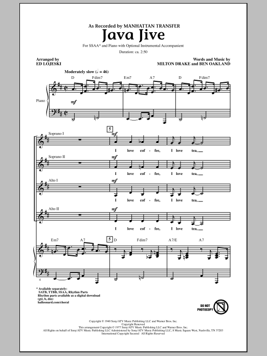 Manhattan Transfer Java Jive (arr. Ed Lojeski) sheet music notes and chords arranged for SSAA Choir